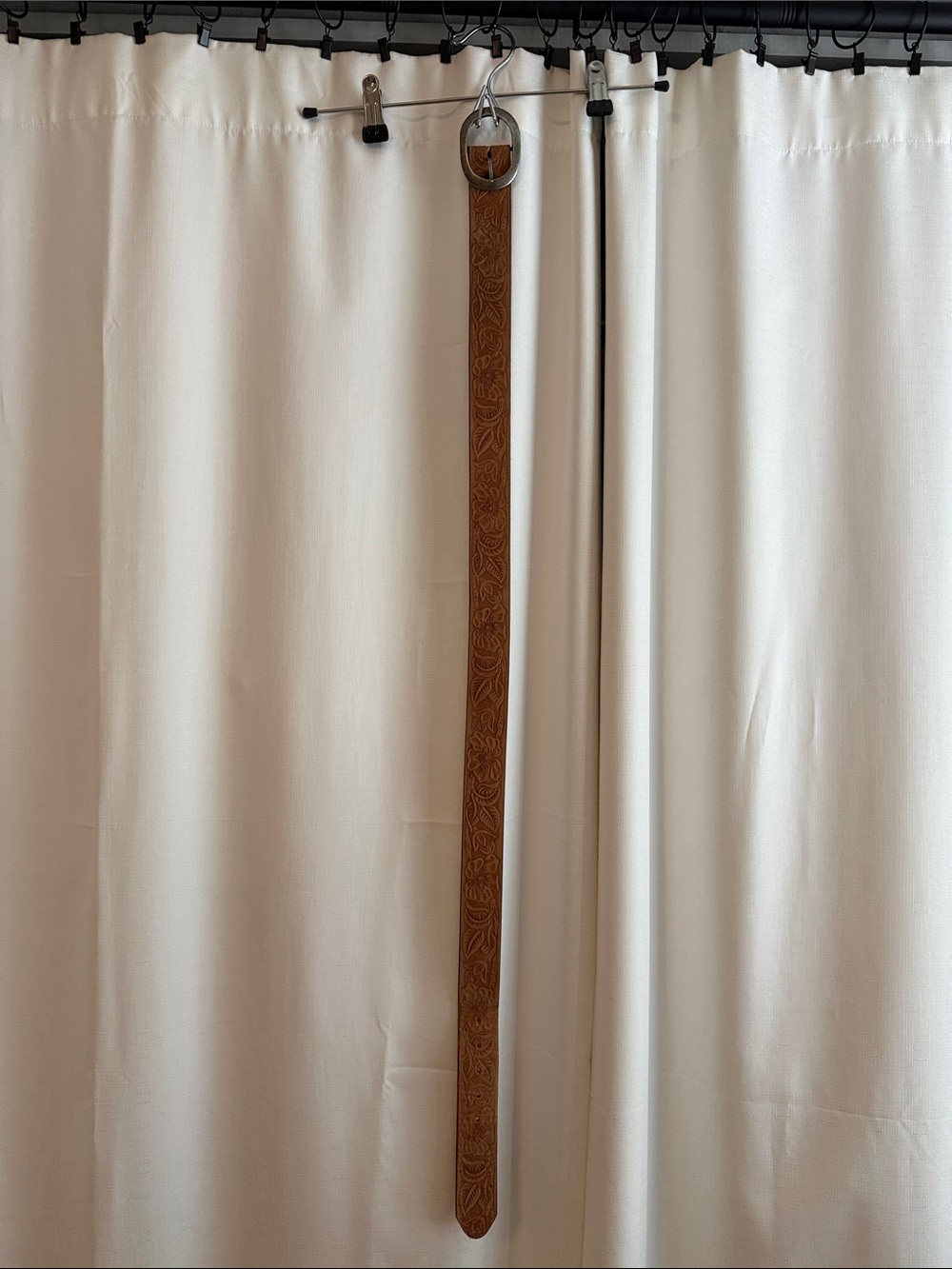 Brown Tooled Leather Hanging Strap with Silver Ring